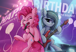 Size: 3094x2089 | Tagged: safe, artist:zeepheru_pone, derpibooru import, marble pie, pinkie pie, earth pony, pony, bass guitar, bipedal, chest fluff, duo, duo female, ear fluff, ears, eyes closed, female, guitar, high res, lights, mare, microphone, musical instrument, singing, smiling, spotlight