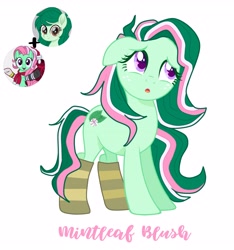 Size: 3245x3464 | Tagged: safe, artist:mint-light, artist:vernorexia, derpibooru import, minty, wallflower blush, oc, oc:mintleaf blush, earth pony, pony, g3, g4, :o, base used, clothes, colored eyelashes, colored pupils, ears, floppy ears, fusion, g3 to g4, generation leap, green coat, green mane, long mane, multicolored mane, open mouth, pink mane, purple eyes, show accurate, simple background, socks, solo, striped socks, that pony sure does love socks, white background, worried
