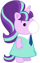 Size: 406x639 | Tagged: safe, artist:cloudyglow, derpibooru import, starlight glimmer, pony, unicorn, g1, g4, bangs, bipedal, chibi, clothes, cute, dress, finger, g4 to g1, generation leap, glimmerbetes, japanese, necktie, ponytail, simple background, solo, takara pony, transparent background
