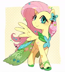 Size: 1968x2184 | Tagged: safe, artist:nendo, derpibooru import, fluttershy, pegasus, pony, abstract background, blushing, clothes, cute, dress, female, looking at you, mare, shyabetes, smiling, smiling at you, spread wings, wings