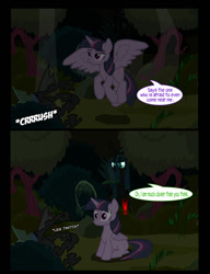 Size: 1042x1358 | Tagged: safe, artist:dendoctor, derpibooru import, mean twilight sparkle, queen chrysalis, twilight sparkle, twilight sparkle (alicorn), alicorn, changeling, pony, comic:clone.., alternate universe, clone, comic, female, tree