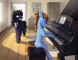 Size: 3238x2484 | Tagged: safe, artist:helmie-art, derpibooru import, oc, oc only, earth pony, pony, unicorn, clothes, musical instrument, piano, sitting, suit