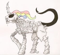 Size: 581x535 | Tagged: safe, artist:skylordamelia, derpibooru import, oc, robot, fanfic:rainbow factory, black sclera, fanfic art, pegasus device, pencil drawing, signature, simple background, solo, traditional art, white background