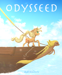 Size: 562x675 | Tagged: safe, artist:shaslan, derpibooru import, applejack, pony, fanfic:odysseed, cloud, cover art, fanfic art, ocean, sailing, ship, sky, solo, sunny, water