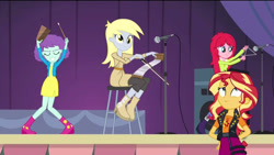 Size: 1920x1080 | Tagged: safe, artist:bigpurplemuppet99, derpibooru import, blueberry pie, derpy hooves, raspberry fluff, sunset shimmer, equestria girls, rainbow rocks, bell, cowbell, microphone, microphone stand, musical instrument, musical saw, speaker, the muffins, triangle