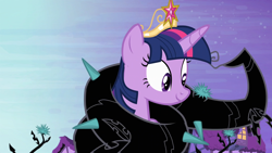 Size: 1920x1080 | Tagged: safe, derpibooru import, screencap, twilight sparkle, twilight sparkle (alicorn), alicorn, pony, princess twilight sparkle (episode), big crown thingy, black vine, coils, element of magic, female, horn, jewelry, mare, ponyville, regalia, smiling