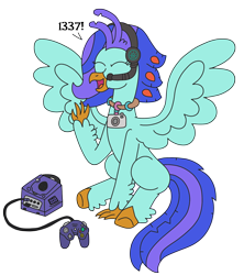 Size: 2174x2448 | Tagged: safe, artist:supahdonarudo, derpibooru import, oc, oc only, oc:sea lilly, classical hippogriff, hippogriff, camera, controller, cute, eyes closed, female, game console, gamecube, gamer, happy, headphones, high res, hippogriff oc, jewelry, microphone, necklace, nintendo, ocbetes, raised arm, simple background, sitting, solo, transparent background
