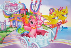 Size: 734x501 | Tagged: safe, derpibooru import, rarity (g3), bird, pony, unicorn, g3, the runaway rainbow, arms in the air, bipedal, boat, building, cart, chariot, cotton candy cafe, jewelry, ocean, official, path, princess, princess rarity, riding, scepter, shop, solo, tiara, water