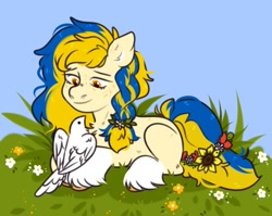 Size: 1500x1195 | Tagged: safe, artist:kiiitssss, derpibooru import, oc, oc only, oc:ukraine, bird, dove, earth pony, pony, braid, flower, nation ponies, smiling, solo, sunflower, ukraine, unshorn fetlocks