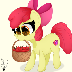 Size: 2000x2000 | Tagged: safe, artist:daftramms, derpibooru import, apple bloom, earth pony, pony, adorabloom, apple, apple basket, apple bloom's bow, basket, bow, cute, fanart, female, filly, foal, food, hair bow, high res, mouth hold, shadow, simple background, solo, tan background