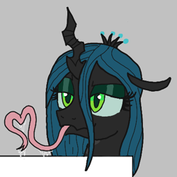 Size: 405x404 | Tagged: safe, artist:legendoflink, derpibooru import, queen chrysalis, changeling, changeling queen, aggie.io, bust, female, heart, horn, long tongue, lowres, mare, prehensile tongue, raised eyebrow, simple background, solo, tongue, tongue out, wingding eyes