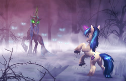 Size: 1563x1000 | Tagged: safe, artist:harwick, derpibooru import, queen chrysalis, shining armor, changeling, changeling queen, pony, unicorn, butt, cutie mark, dark forest, duo, female, fight, glowing, glowing eyes, magic, male, mist, plot, rearing, stallion, swarm, teeth