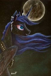 Size: 1986x2920 | Tagged: safe, artist:cahandariella, derpibooru import, nightmare moon, alicorn, pony, bust, colored pencil drawing, jewelry, moon, night, portrait, redesign, solo, traditional art