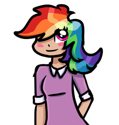 Size: 3180x3356 | Tagged: safe, artist:naturajellyfish, derpibooru import, rainbow dash, human, arm behind back, blush sticker, blushing, clothes, dress, female, humanized, rainbow dash always dresses in style, simple background, smiling, solo, transparent background