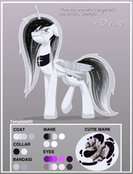 Size: 3300x4300 | Tagged: safe, artist:template93, derpibooru import, oc, oc only, alicorn, pony, alicorn oc, angry, bandage, bandaged wing, collar, cracked horn, evil, female, flowing mane, horn, reference sheet, solo, stars, wings