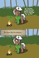 Size: 947x1422 | Tagged: safe, artist:neuro, derpibooru import, oc, oc only, pony, unicorn, 2 panel comic, campfire, comic, eyes closed, female, filly, foal, frown, levitation, magic, open mouth, open smile, runescape, smiling, solo, telekinesis