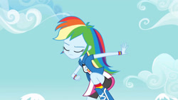 Size: 3410x1920 | Tagged: safe, derpibooru import, screencap, rainbow dash, equestria girls, equestria girls (movie), boots, clothes, cutie mark on clothes, eyes closed, female, high res, shoes, solo