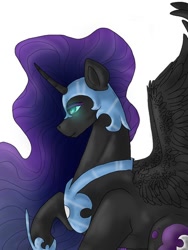 Size: 384x512 | Tagged: safe, artist:unknownfilters, derpibooru import, nightmare moon, alicorn, pony, blue eyes, blue mane, ethereal mane, feather, female, flowing mane, glowing, glowing eyes, helmet, hoof shoes, horn, mare, peytral, raised hoof, raised leg, simple background, smiling, solo, spread wings, starry mane, white background, wings