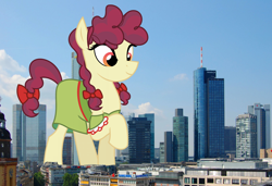 Size: 1920x1310 | Tagged: safe, artist:reginault, artist:thegiantponyfan, derpibooru import, hilly hooffield, earth pony, pony, clothes, dress, female, frankfurt, germany, giant pony, giant/macro earth pony, giantess, highrise ponies, hooffield family, irl, macro, mare, mega giant, photo, ponies in real life, raised hoof, raised leg, smiling