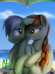 Size: 1000x1346 | Tagged: safe, artist:nihaicreeper, derpibooru import, oc, oc:pora hooft, oc:traveller will, pegasus, pony, beach, ocean, water