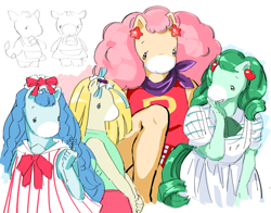 Size: 640x503 | Tagged: safe, artist:ushimooshi, derpibooru import, earth pony, pony, semi-anthro, g1, afro, ami ami, ascot, blonde, blue hair, bow, clothes, cute, dress, female, fuwa fuwa, green hair, hair accessory, hair bow, height difference, japanese, kuru kuru, mare, pink hair, sara sara, small eyes, takara pony