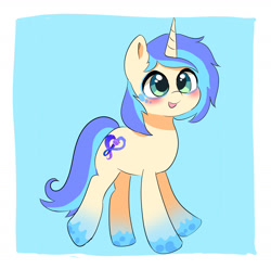 Size: 1622x1607 | Tagged: safe, artist:leo19969525, derpibooru import, oc, oc only, pony, unicorn, blue background, blue hair, blue tail, blushing, cutie mark, green eyes, hair, horn, looking at you, male, simple background, solo, tail