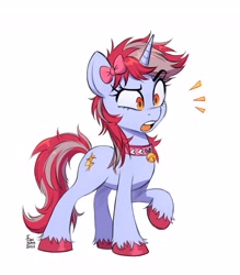 Size: 3590x4096 | Tagged: safe, artist:fanzeem, derpibooru import, oc, oc only, oc:cinnamon lightning, pony, unicorn, confused, eyebrows, eyebrows visible through hair, full body, high res, hooves, horn, open mouth, raised eyebrow, raised hoof, raised leg, signature, simple background, solo, standing, tail, two toned mane, two toned tail, unicorn oc, unshorn fetlocks, white background