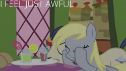 Size: 1280x720 | Tagged: safe, derpibooru import, edit, edited screencap, editor:quoterific, screencap, derpy hooves, doctor whooves, horte cuisine, savoir fare, earth pony, pegasus, pony, season 5, slice of life (episode), eyes closed, female, male, mare, mouth hold, offscreen character, solo focus, stallion, text