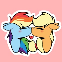 Size: 650x650 | Tagged: safe, artist:jellysiek, derpibooru import, applejack, rainbow dash, earth pony, pegasus, pony, appledash, blue coat, blushing, duo, duo female, ears back, eyes closed, female, hairband, heart, kissing, lesbian, mane, multicolored hair, orange coat, rainbow hair, shipping, yellow mane