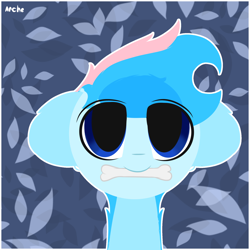 Size: 2000x2000 | Tagged: safe, artist:arche, derpibooru import, oc, oc only, oc:blue chewings, earth pony, pony, blue background, blue eyes, blue hair, bone, bust, cute, earth pony oc, pink hair, simple background, solo, two toned mane