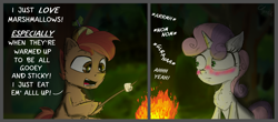 Size: 2300x1014 | Tagged: safe, artist:chopsticks, derpibooru import, button mash, sweetie belle, earth pony, pony, unicorn, accidental innuendo, blushing, campfire, cheek fluff, chest fluff, colt, comic, dialogue, duo, ear fluff, ears, female, filly, fire, foal, food, hat, implied shipping, innocent innuendo, innuendo, male, marshmallow, night, open mouth, shipping, straight, sweetie belle is a marshmallow too, sweetiemash, text, unshorn fetlocks