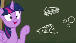 Size: 1280x720 | Tagged: safe, derpibooru import, screencap, twilight sparkle, twilight sparkle (alicorn), alicorn, pony, ppov, season 6, female, folded wings, food, horn, mare, meme origin, open mouth, open smile, raised hoof, raised leg, sandwich, shrunken pupils, smiling, solo, twilight's blackboard, wave, wings