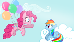 Size: 1280x720 | Tagged: safe, artist:mlplary6, derpibooru import, pinkie pie, rainbow dash, earth pony, pegasus, pony, balloon, cloud, female, floating, mare, sky, smiling, then watch her balloons lift her up to the sky