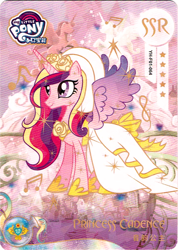 Size: 732x1030 | Tagged: safe, derpibooru import, princess cadance, alicorn, pony, g4, canterlot, card, clothes, dress, female, kayou, mare, merchandise, music notes, my little pony logo, official, scan, shoes, solo, text, trading card, wedding dress, wedding veil