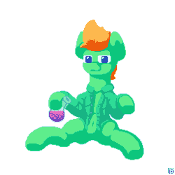 Size: 1024x1024 | Tagged: safe, artist:vohd, derpibooru import, oc, oc only, earth pony, pony, animated, butt, clothes, drinking, error, femboy, gender swap potion, gif, glitch, male, pixel art, plot, potion, rule 63, shirt, sitting, transformation, transgender transformation