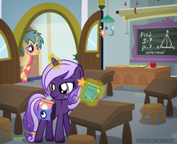 Size: 1200x977 | Tagged: safe, artist:jennieoo, derpibooru import, oc, oc:midnight twinkle, oc:sunshine drop, pony, unicorn, bag, blushing, book, chalkboard, classroom, female, filly, foal, school, smiling