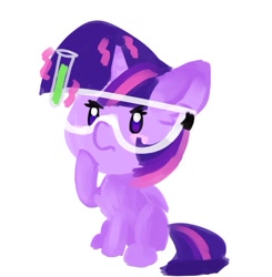 Size: 717x733 | Tagged: safe, artist:littleblackraencloud, derpibooru import, twilight sparkle, twilight sparkle (alicorn), alicorn, pony, chibi, flask, goggles, magic, simple background, solo, telekinesis, white background