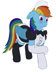 Size: 1412x1832 | Tagged: safe, artist:callichrome, derpibooru import, rainbow dash, pegasus, pony, blushing, bow, clothes, cute, dress, embarrassed, maid, rainbow maid, simple background, socks, solo, stockings, thigh highs, tomboy taming, transparent background