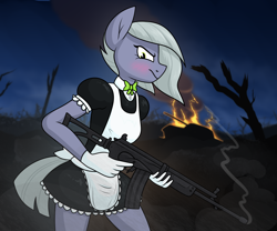 Size: 1806x1500 | Tagged: safe, alternate version, artist:moonatik, derpibooru import, limestone pie, anthro, earth pony, alternate timeline, angry, apron, battlefield, blushing, bowtie, clothes, female, fire, galil, gloves, gun, maid, mare, military pony, new lunar millennium, night, nightmare takeover timeline, rifle, skirt, smoke, soldier, solo, tank (vehicle), trigger discipline, uniform, weapon