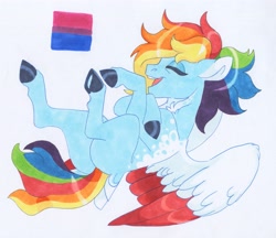 Size: 3389x2922 | Tagged: safe, artist:frozensoulpony, derpibooru import, rainbow dash, pegasus, pony, butt, colored wings, description is relevant, lying down, on back, plot, solo, traditional art, two toned wings, wings