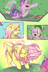 Size: 960x1440 | Tagged: safe, artist:cold-blooded-twilight, derpibooru import, fluttershy, spike, twilight sparkle, unicorn twilight, dragon, pegasus, pony, unicorn, comic:cold storm, accident, autumn, blood, comic, dialogue, eyes closed, faceplant, fear, female, flower, male, mare, shivering, trip