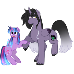 Size: 1280x1280 | Tagged: safe, artist:gingygin, derpibooru import, twilight sparkle, twilight sparkle (alicorn), oc, oc:penumbra, alicorn, pony, duo, ethereal mane, female, height difference, male, male alicorn, mare, mother and child, mother and son, offspring, parent and child, parent:king sombra, parent:twilight sparkle, parents:twibra, simple background, stallion, starry mane, transparent background, unshorn fetlocks