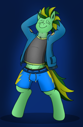 Size: 3072x4720 | Tagged: safe, artist:tacomytaco, derpibooru import, oc, oc only, oc:taco.m.tacoson, anthro, unguligrade anthro, belly button, briefs, clothes, eyes closed, gradient background, hoodie, male, open clothes, shirt, shorts, smiling, solo, stretching, striped underwear, two toned coat, underwear