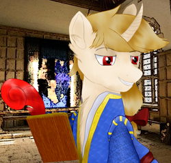 Size: 2314x2190 | Tagged: safe, artist:uncreative, derpibooru import, oc, oc only, oc:regal inkwell, unicorn, chest fluff, clipboard, clothes, curved horn, doublet, ear fluff, ears, horn, male, medieval, nobility, quill, smug, solo, stallion