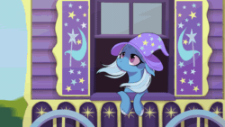 Size: 1280x720 | Tagged: safe, artist:pencilmistic, derpibooru import, trixie, pony, unicorn, animated, blinking, clothes, day, ears, eyelashes, female, floppy ears, gif, hat, looking up, loop, mare, perfect loop, sad, sky, solo, trixie's hat, trixie's wagon, wagon, wheel