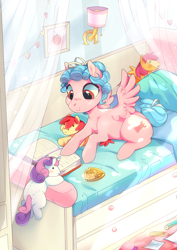 Size: 1240x1754 | Tagged: safe, artist:pinle, derpibooru import, apple bloom, cozy glow, scootaloo, sweetie belle, earth pony, pegasus, pony, unicorn, bed, bedroom, book, cozybetes, cute, cutie mark crusaders, female, filly, foal, lying down, medallion, plushie, prone, smiling, solo, spread wings, wings