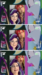 Size: 1255x2246 | Tagged: safe, artist:maddymoiselle, artist:sarahndipity cosplay, derpibooru import, edit, edited screencap, screencap, rainbow dash, starlight glimmer, sunset shimmer, human, better together, do it for the ponygram!, equestria girls, clothes, cosplay, costume, faic, irl, irl human, photo, rainbow dash's prank fail