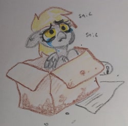 Size: 1968x1937 | Tagged: safe, artist:pony quarantine, derpibooru import, derpy hooves, pegasus, pony, box, bronybait, cardboard box, crayon drawing, crying, looking up, sad, solo, traditional art