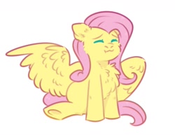 Size: 1333x1028 | Tagged: safe, artist:kiiitssss, derpibooru import, fluttershy, pegasus, pony, :3, chest fluff, cute, eyes closed, fluffy, solo, spread wings, underhoof, wings