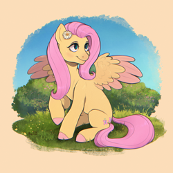 Size: 3100x3100 | Tagged: safe, artist:birdoffnorth, derpibooru import, fluttershy, pegasus, pony, chromatic aberration, colored hooves, colored wings, colored wingtips, cute, cutie mark, female, flower, flower in hair, forest, grass, hair, mare, pink hair, pink tail, raised hoof, raised leg, shyabetes, sitting, smiling, solo, spread wings, tail, wings